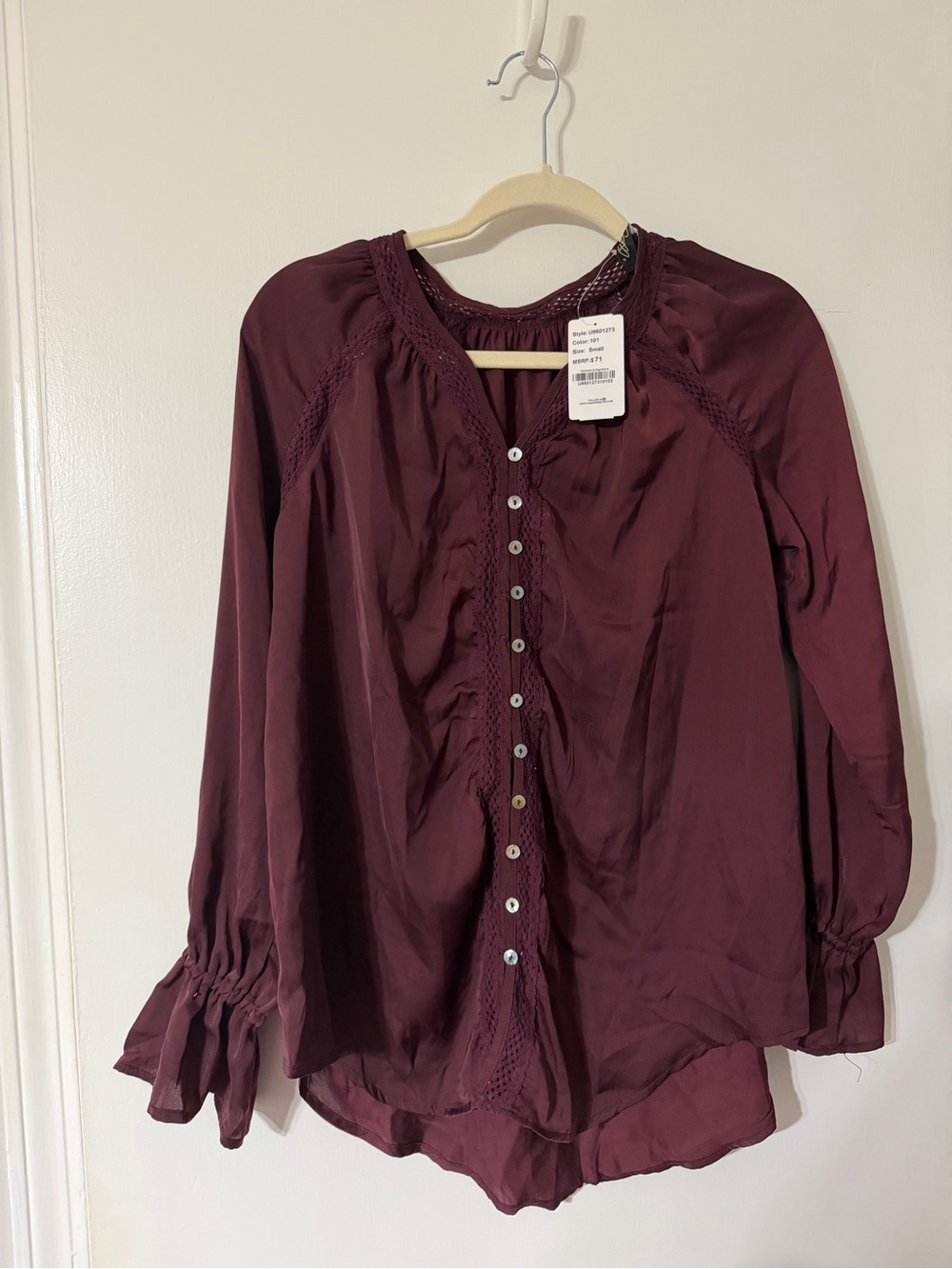 Suzanne Betro Burgundy Button-Front Peasant Blouse